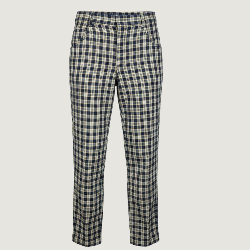 Free People Yellow Navy Plaid High Rise Cotton Trousers Size 2 Cropped Pants